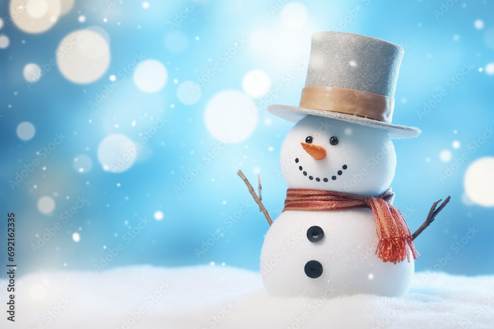 Smiling snowman in a hat and scarf on a light blue background, blurred bokeh and snow dust Smiling snowman in a hat and scarf on a light blue background, blurred bokeh and snow dust