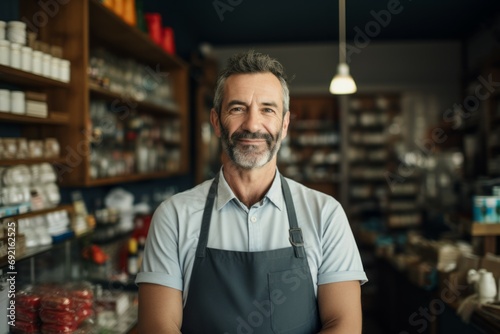 Happy smiling confident european middle aged older adult man small local business owner standing own cafe looking at the camera. Old senior entrepreneur portrait. Entrepreneurship