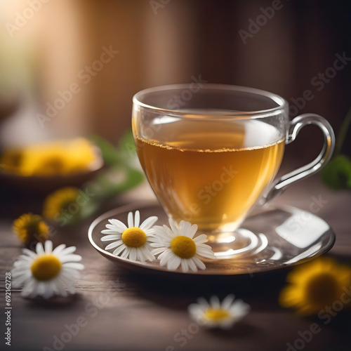 cup of camomile tea with camomile flowers