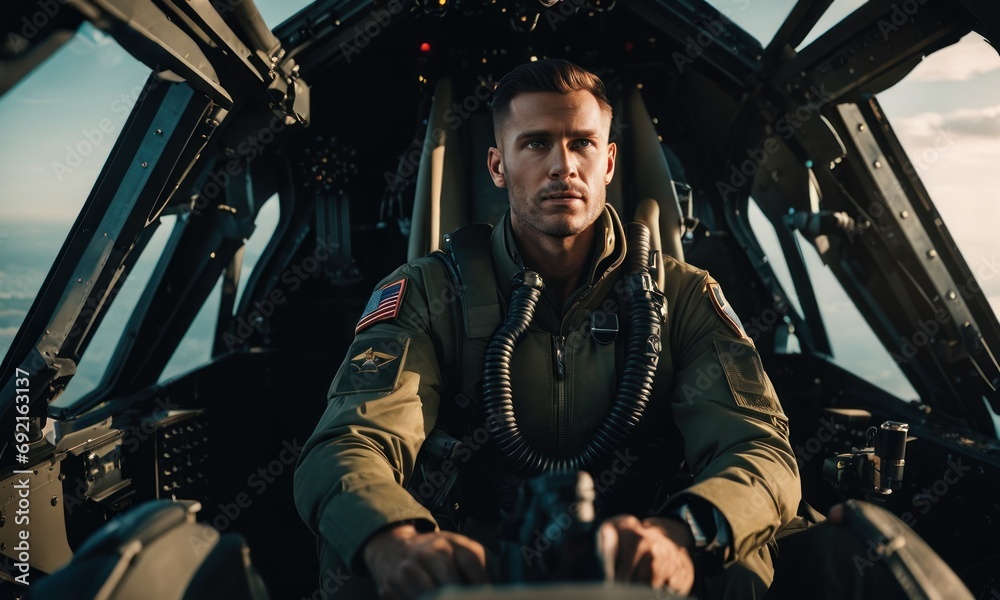 Portrait of a man pilot wearing helmet and sunglasses in cockpit of fighter jet. Military aircraft Portrait of a man pilot wearing helmet and sunglasses in cockpit of fighter jet. Military aircraft