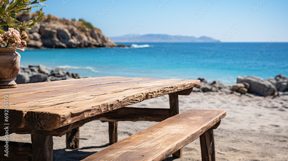 Wooden table on sandy shore offering tranquil view of sea, island, and blue sky, AI Generated