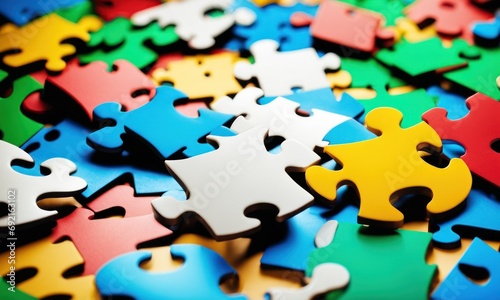 Top view many jigsaw puzzle pieces over the entire frame. A background image of scattered colorful puzzle pieces. Concept of represent of problem solving, teamwork, challenges, completing task