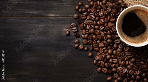 Coffee beans on a wooden table. Generative AI.