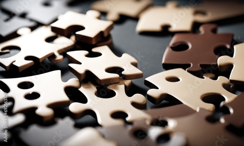 Top view many jigsaw puzzle pieces over the entire frame. A background image of scattered colorful puzzle pieces. Concept of represent of problem solving, teamwork, challenges, completing task photo