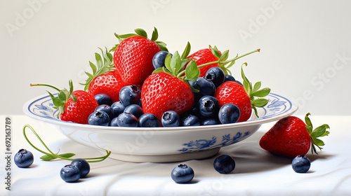 Realistic still life of strawberries and blueberries on white plate  AI Generated