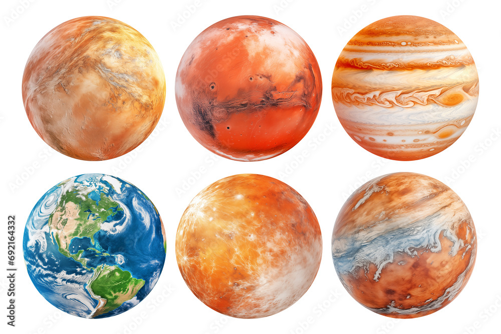 Realistic image of different planets Earth, Eris, Humea, Jupiter, Mars, Mercury on a transparent background. Planets isolated on transparent background in PNG format, space elements.