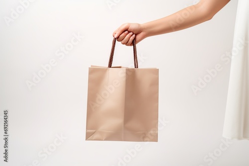 Paper shopping bag in female hand on white background