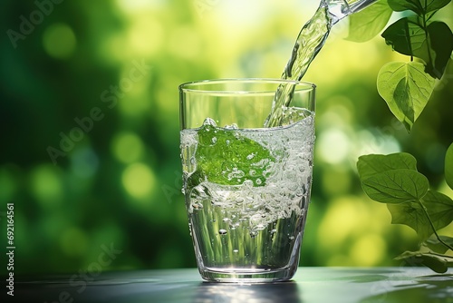 Pouring water from bottle into glass of water on blurred green background