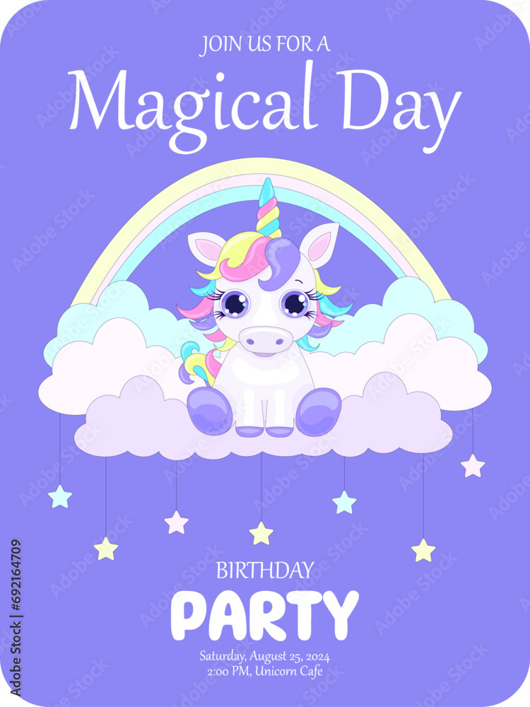 Birthday party invitation. Party invitation, birthday invitation. unicorn, celebration
