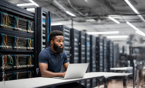 Wallpaper Mural dark-skinned male system administrator working in a room with servers at a laptop Torontodigital.ca