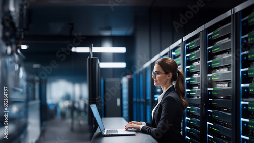 Woman engineer administrator in a server room, many servers