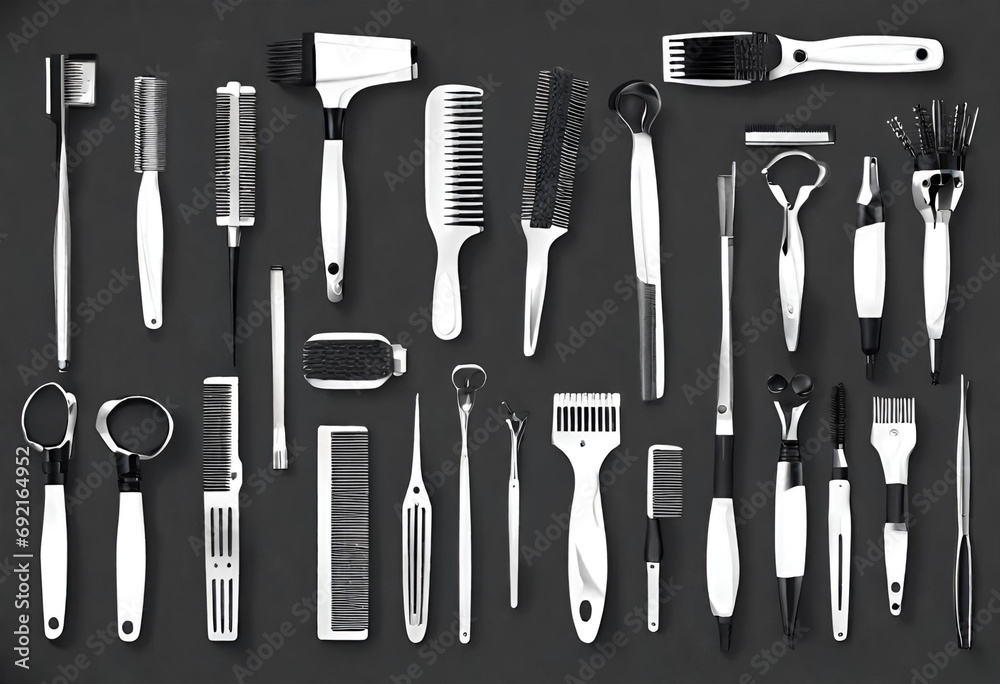 set of hair salon tools on black background set of hair salon tools on black background