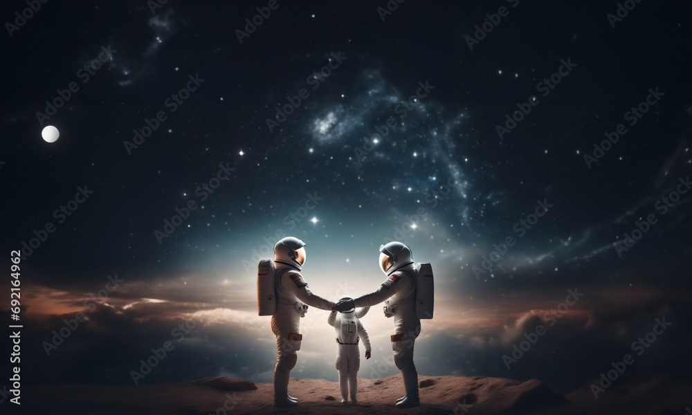 concept of a family in space, parents and child in spacesuits on Mars