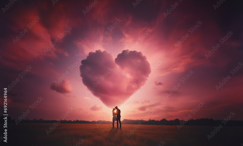 concept of valentine's day, valentine's day. couple at sunset in a field, pink sunset and heart symbol.