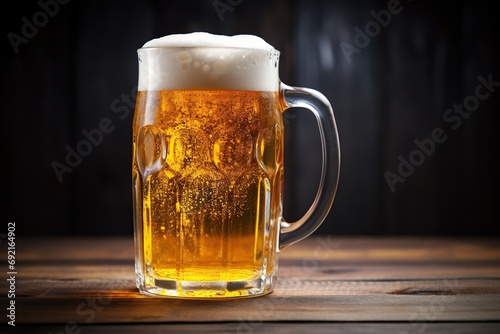 Glass mug of beer on wooden table