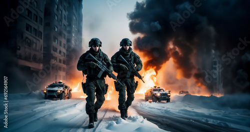 team group military in a winter city in the snow, war in the winter in the city.