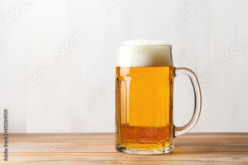 Glass mug of beer on wooden table