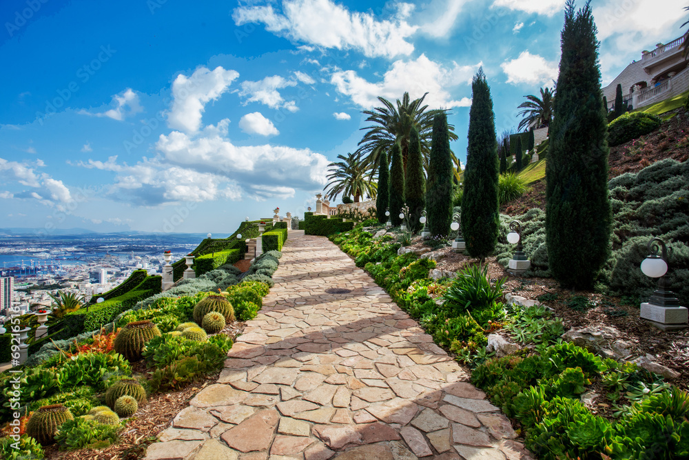 Bahai Gardens (Bahai Bab) in Haifa city on steep slope of Carmel Mount Bahai Gardens (Bahai Bab) in Haifa city on steep slope of Carmel Mount