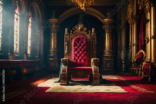 Majestic throne room. King Throne illustration. Golden filigree throne room in a medieval.