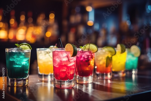 Different alcohol cocktails on bar counter photo