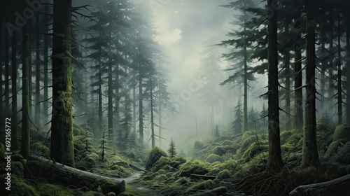 Enigmatic woodland cloaked in a mystical mist, adorned with towering, majestic trees. Mysterious veil, mist-laden forest, enigmatic ambiance, natural grandeur. Generated by AI. photo