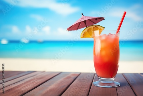 Alcohol cocktail in glass on beach background