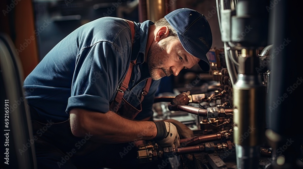 A proficient plumber expertly solders piping for a hot water heater installation. Piping expertise, heater setup, proficient soldering, plumbing skill. Generated by AI. A proficient plumber expertly solders piping for a hot water heater installation. Piping expertise, heater setup, proficient soldering, plumbing skill. Generated by AI.