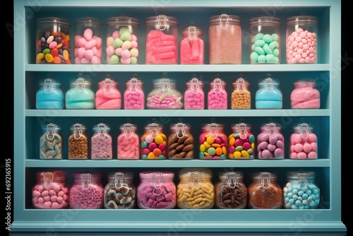 Window display of candy store. Assortment of marmalades, candies, sweets, jelly and sugar desserts. photo