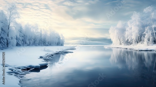 A serene frozen lake set amidst a breathtaking winter panorama. Pristine ice, snowy landscape, tranquil water, winter beauty. Generated by AI. © Татьяна Лобачова