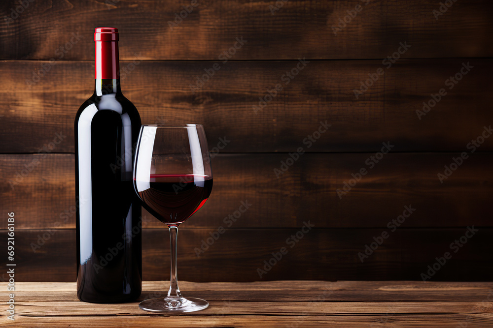 Bottle and glass of red wine on wooden background