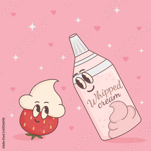 Poster with strawberries and a can of whipped cream in retro style
