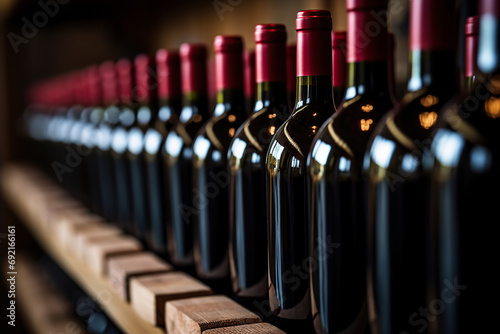 Wine bottles on the wooden wine shelf photo
