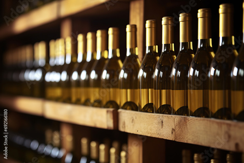 Wine bottles on the wooden wine shelf