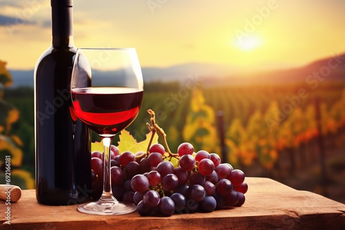 Bottle and glass of red wine with ripe grapes on vineyard background