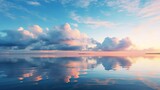 Saltwater lake mirroring the passing clouds on its calm surface. Tranquil waters, scenic vista, cloud-streaked reflections, expansive atmosphere, peaceful ambiance. Generated by AI.