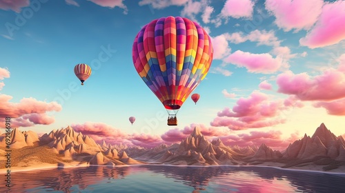 Hot air balloons peacefully floating above the landscapes. Serene atmosphere, aerial beauty, multicolored panorama, dreamlike scene, tranquility. Generated by AI.