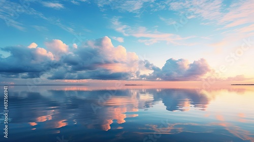 Saltwater lake mirroring the passing clouds on its calm surface. Tranquil waters, scenic vista, cloud-streaked reflections, expansive atmosphere, peaceful ambiance. Generated by AI. photo
