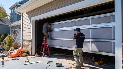 Meticulous assembly, expert installation, garage upgrade, skilled labor, secure door fitting. Generated by AI.