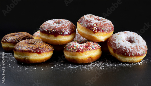 doughnuts with icing sugar on black background