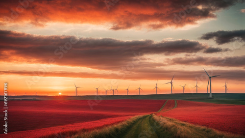 panoramic view of wind turbines above a field at sunset - sustainable energy concept © Marino Bocelli