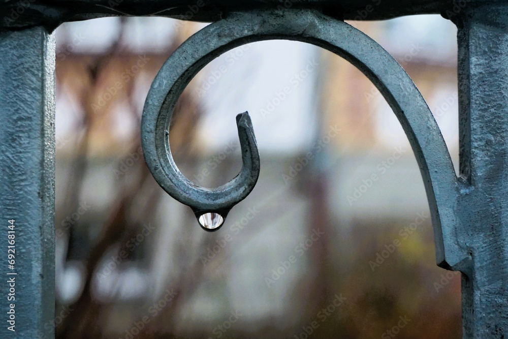 Silbernes verschnörkeltes Gartenzaungeländer aus Stahl mit Regentropfen vor Busch im Garten und Hausfassade bei Regen am Morgen im Winter Silbernes verschnörkeltes Gartenzaungeländer aus Stahl mit Regentropfen vor Busch im Garten und Hausfassade bei Regen am Morgen im Winter