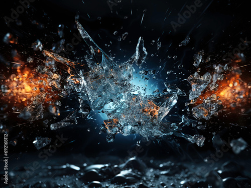 Abstract design of white powder cloud against dark background. Flying ice particles. Ice and flames. Abstract ice composition. A piece of transparent ice on a dark background with small particles