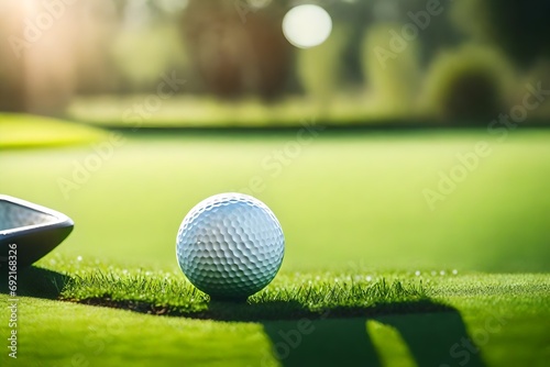 Close-up of a golf ball on green grass in bright sunshine with soft focus