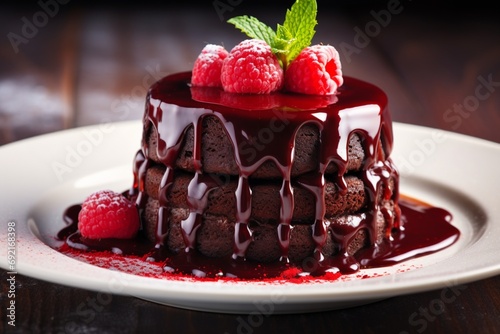 Five star chocolate cake with raspberry coulis and mint garnish, up close photography photo