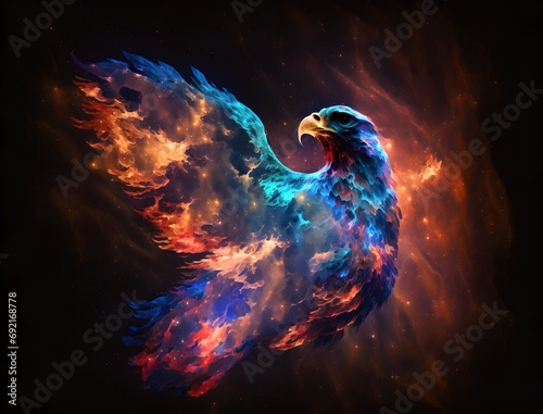 Abstract fusion of an eagle with a galactic nebula and hot flames