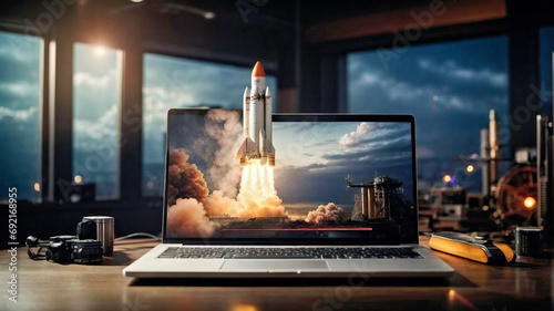 A Futuristic Laptop with a Rocket on the Screen
