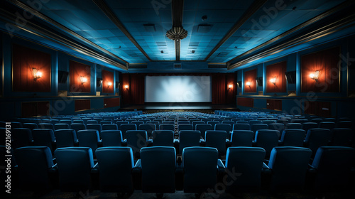 Modern cinema hall, Empty and silent with blue seats neatly arranged facing large, AI Generated © Shining Pro