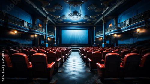 Modern cinema hall, Empty and silent with blue seats neatly arranged facing large, AI Generated photo