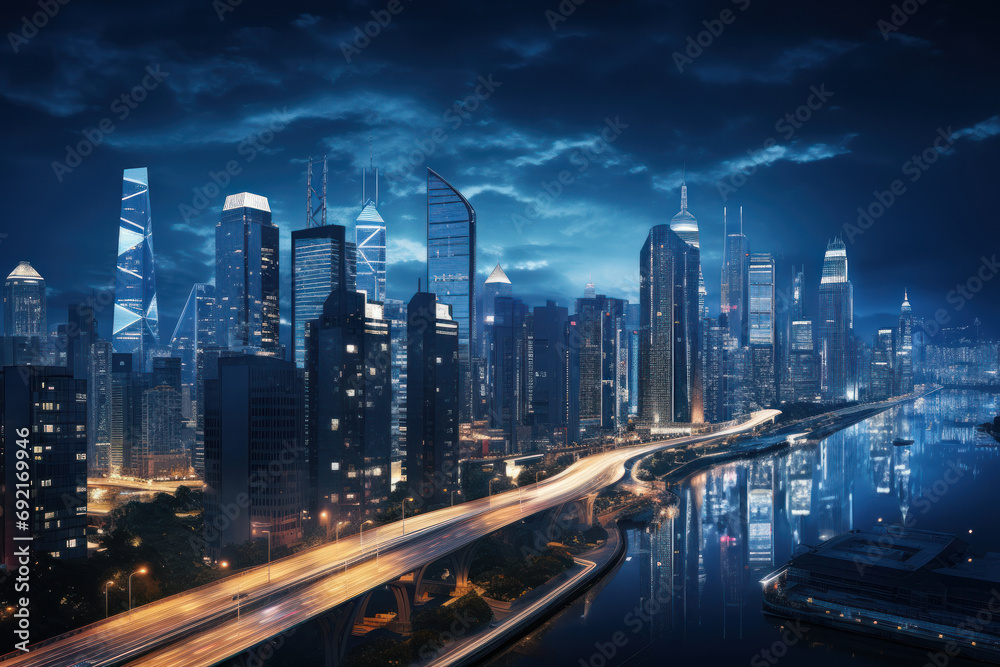 A cityscape at night, aglow with the shimmering lights of buildings, capturing the modern and dynamic beauty of urban architecture. Concept of nocturnal allure. Generative Ai. A cityscape at night, aglow with the shimmering lights of buildings, capturing the modern and dynamic beauty of urban architecture. Concept of nocturnal allure. Generative Ai.