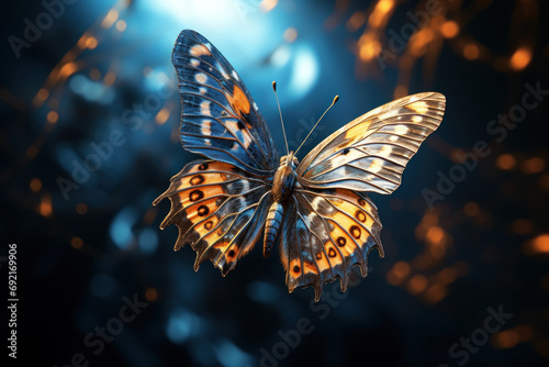 The graceful flight of a butterfly, its delicate wings adorned with intricate patterns, symbolizing the elegance and fragility of natural beauty. Concept of airborne delicacy. Generative Ai. © Sebastian